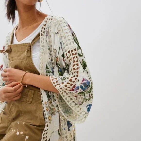 Anthropologie Womens One Size Clea Crochet Floral Embroidered Kimono Jacket - Picture 4 of 14